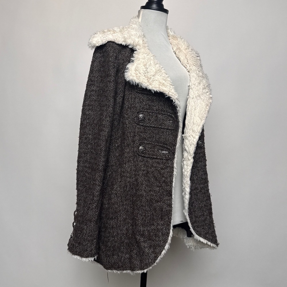 Y2K Forever 21 Brown Herringbone Double Breasted Faux Fur Trim Coat Womens Large - Picture 2 of 12